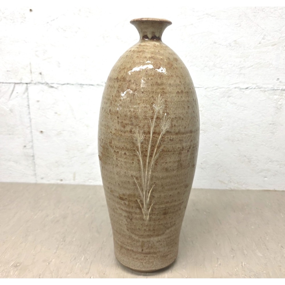 Studio Art Pottery Vase Richard Dick Lien Signed Wheat Incised Stoneware 14"